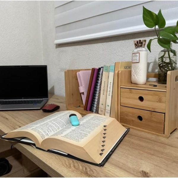 Desktop Bookshelf Expandable with Two Drawer Organizers Made of Bamboo, Collapsible Design & Compartments for Efficient, Clutter-Free Workspace Organization - Sleek Bookshelf