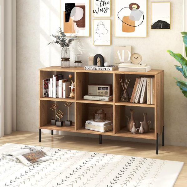 6 Cube Bookcase, 3-Tier Floor Open Bookshelf with 5 Metal Legs, Cube Storage Organizer with Adjustable Shelves, Modern Display Shelving for Living Room, Study, Bedroom, Office (Natural)